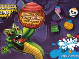 Skwishee Bring Your Own Cup day returns Promotional image of Skwishee Bring Your Own Cup Day 2024 featuring a dragon character holding a pumpkin filled with Skwishee with other Halloween characters.