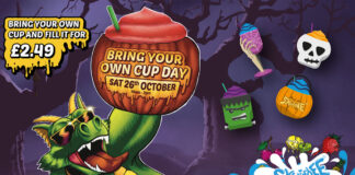 Promotional image of Skwishee Bring Your Own Cup Day 2024 featuring a dragon character holding a pumpkin filled with Skwishee with other Halloween characters.