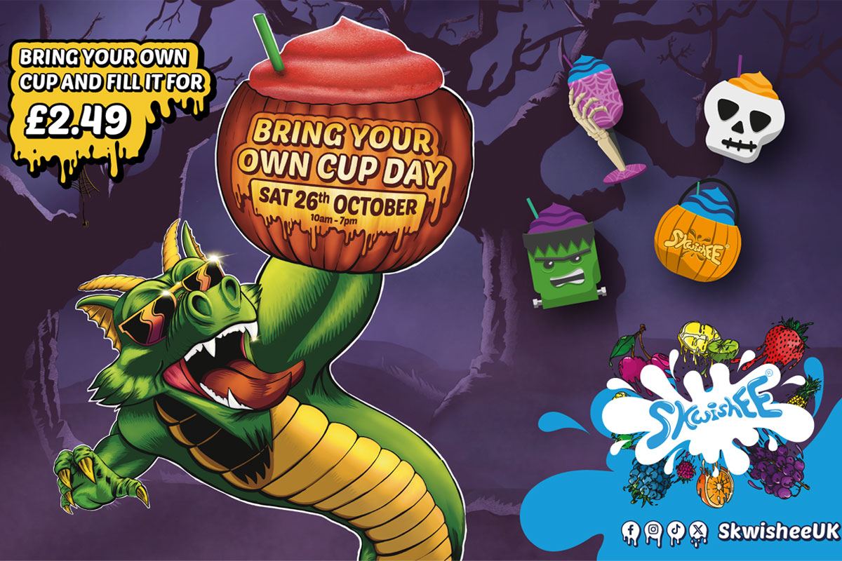 Promotional image of Skwishee Bring Your Own Cup Day 2024 featuring a dragon character holding a pumpkin filled with Skwishee with other Halloween characters.