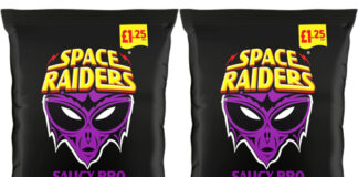 Pack shots of £1.25 PMP Space Raiders Saucy BBQ packs.