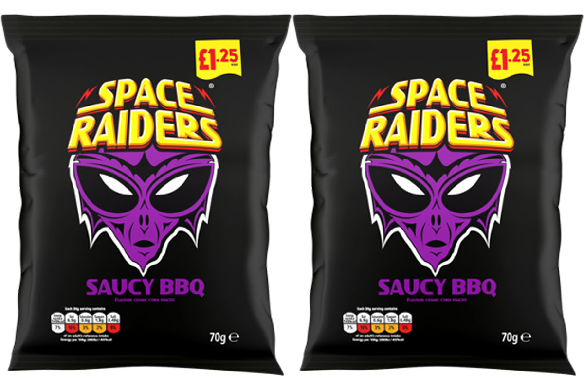 Pack shots of £1.25 PMP Space Raiders Saucy BBQ packs.