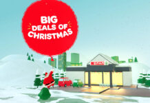 Promotional image of Spar Big Deals of Christmas campaign with a Santa character outside a Spar store being lifted by a red ballon with the text 'Big Deals of Christmas' on the balloon.