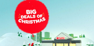 Promotional image of Spar Big Deals of Christmas campaign with a Santa character outside a Spar store being lifted by a red ballon with the text 'Big Deals of Christmas' on the balloon.