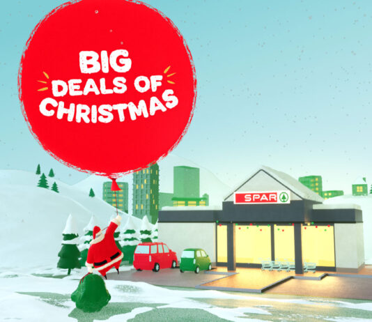 Big Deals of Christmas returns to Spar Promotional image of Spar Big Deals of Christmas campaign with a Santa character outside a Spar store being lifted by a red ballon with the text 'Big Deals of Christmas' on the balloon.