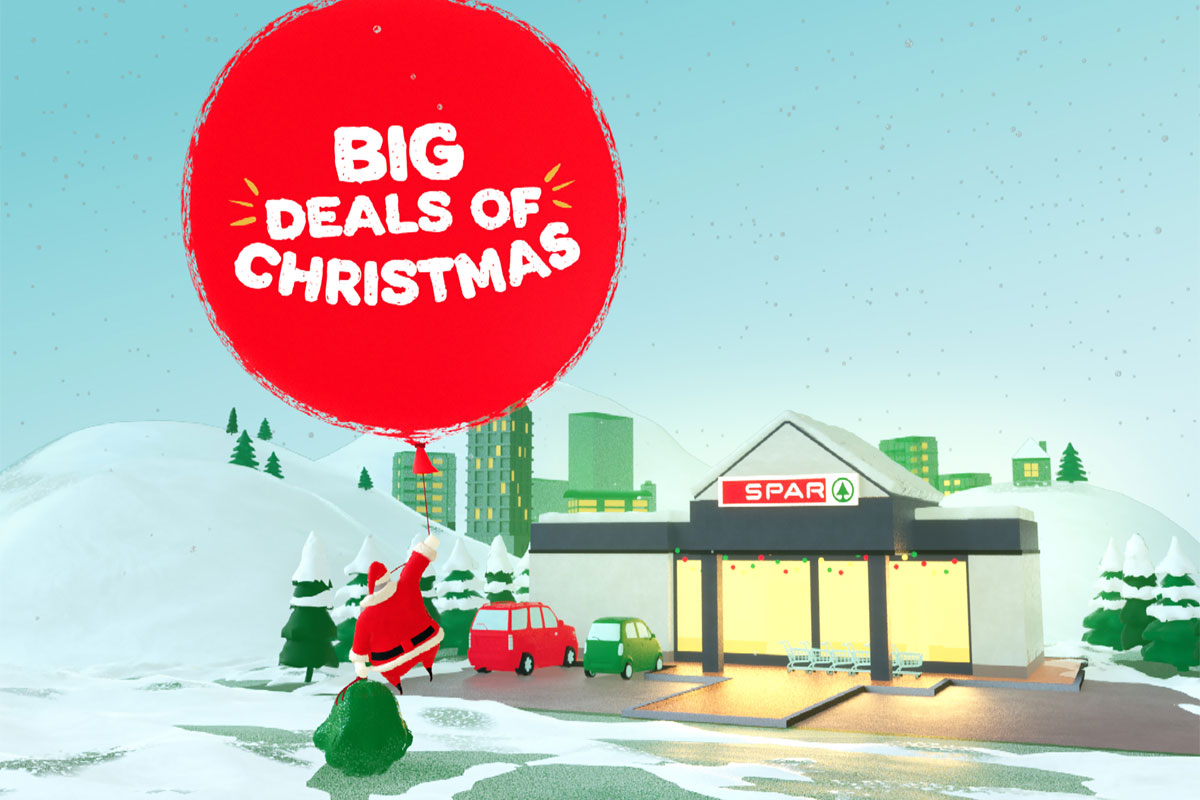 Promotional image of Spar Big Deals of Christmas campaign with a Santa character outside a Spar store being lifted by a red ballon with the text 'Big Deals of Christmas' on the balloon.