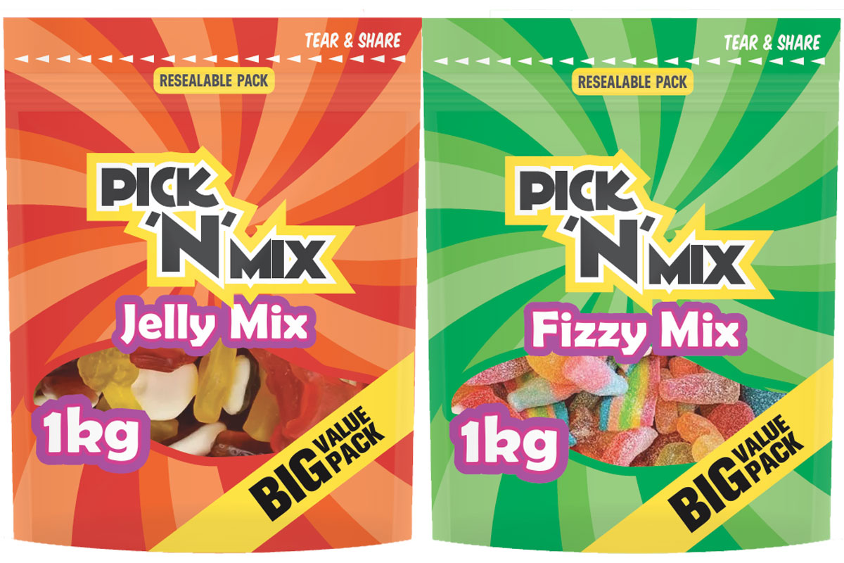 Pack shots of Spar 1kg Pick 'N' Mix bags including the Jelly Mix and the Fizzy Mix.