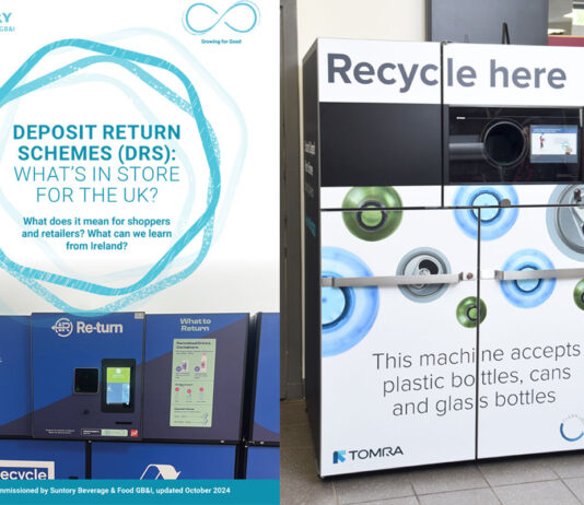 Suntory rolls out DRS advice for retailers The front cover of the Suntory DRS: What's In Store for the UK? report with an image of a reverse vending machine next to it.