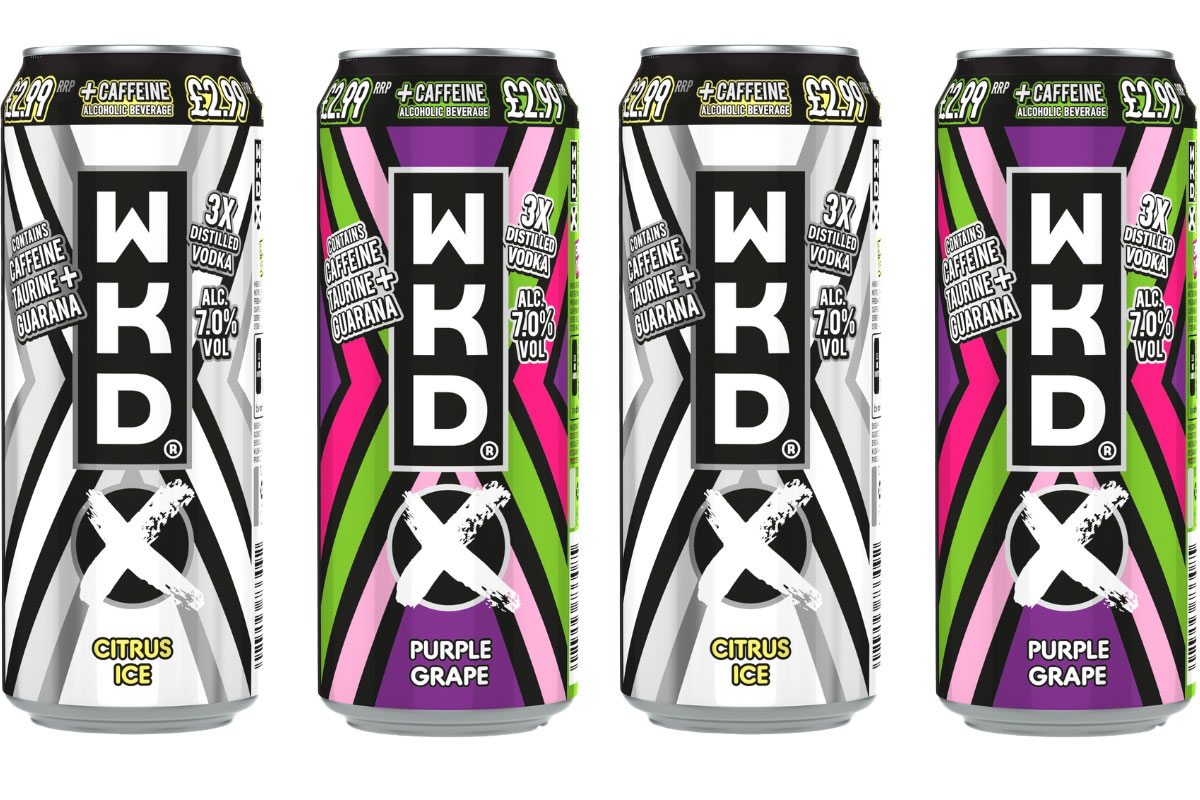 Pack shots of WKD X Citrus Ice and Purple Grape cans.