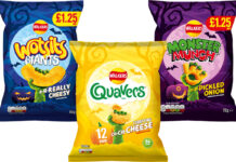 Pack shots of Walkers crisps Halloween limited edition designs including Wotsits Giant, Quavers and Monster Munch Pickled Onion.