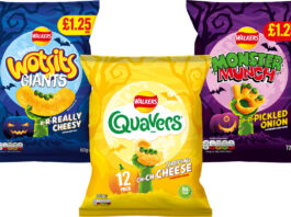 Pack shots of Walkers crisps Halloween limited edition designs including Wotsits Giant, Quavers and Monster Munch Pickled Onion.