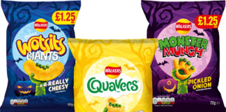 Pack shots of Walkers crisps Halloween limited edition designs including Wotsits Giant, Quavers and Monster Munch Pickled Onion.