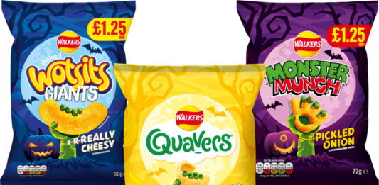 Pack shots of Walkers crisps Halloween limited edition designs including Wotsits Giant, Quavers and Monster Munch Pickled Onion.