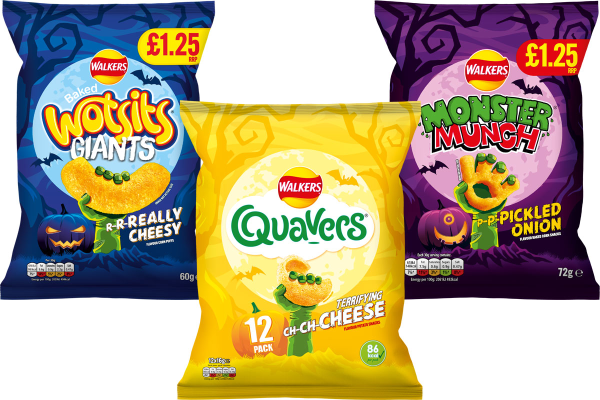 Pack shots of Walkers crisps Halloween limited edition designs including Wotsits Giant, Quavers and Monster Munch Pickled Onion.