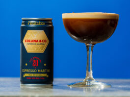 Whitebox Cocktails shakes up a new Espresso Martini A can of Whitebox Cocktails' Collina & Co Espresso Martini serve stands next to a coupe glass with the cocktail inside, both stand on a tabletop against a blue background.