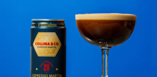 A can of Whitebox Cocktails' Collina & Co Espresso Martini serve stands next to a coupe glass with the cocktail inside, both stand on a tabletop against a blue background.