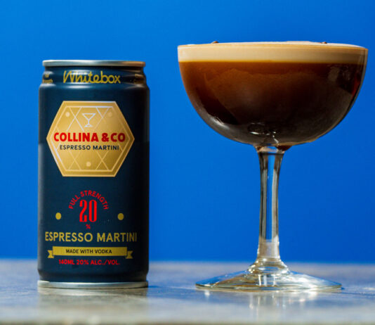 Whitebox Cocktails shakes up a new Espresso Martini A can of Whitebox Cocktails' Collina & Co Espresso Martini serve stands next to a coupe glass with the cocktail inside, both stand on a tabletop against a blue background.