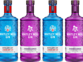 UK votes for the top gin brand Pack shots of Whitley Neill gin including Original London Dry and Rhubarb & Ginger bottles.
