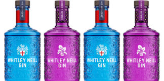 Pack shots of Whitley Neill gin including Original London Dry and Rhubarb & Ginger bottles.