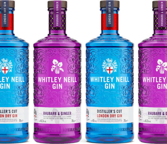UK votes for the top gin brand Pack shots of Whitley Neill gin including Original London Dry and Rhubarb & Ginger bottles.