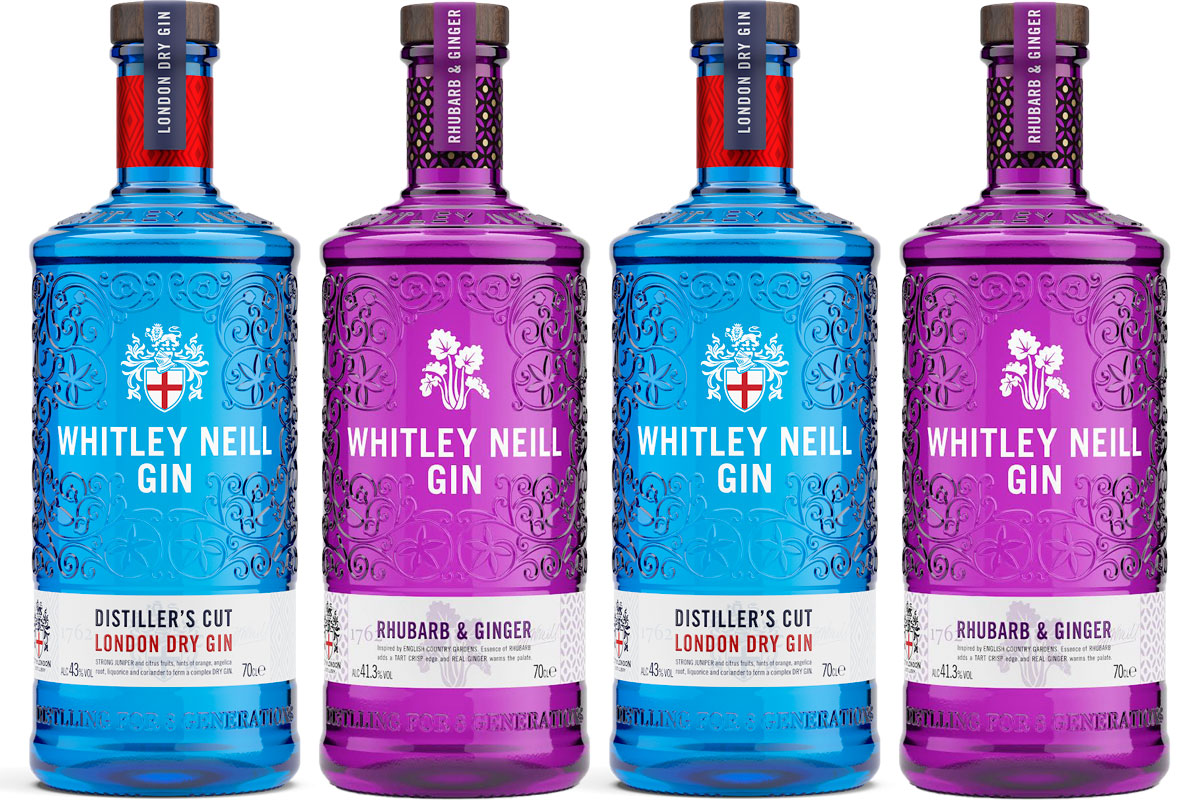 Pack shots of Whitley Neill gin including Original London Dry and Rhubarb & Ginger bottles.