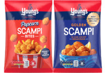 Pack shots of Young's Popcorn Scampi Bites and Young's Golden Scampi.