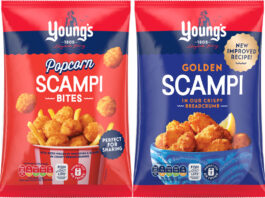 Pack shots of Young's Popcorn Scampi Bites and Young's Golden Scampi.