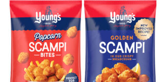 Pack shots of Young's Popcorn Scampi Bites and Young's Golden Scampi.