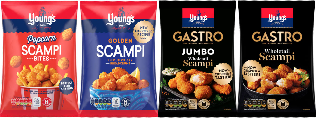 Pack shots of revamped Young's Scampi range including Popcorn Scampi Bites, Golden Scampi, Gastro Jumbo Wholetail Scampi and Gastro Wholetail Scampi.