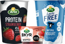 Pack shots of Arla Protein Strawberry Yogurt, Arla Skyr Whipped Strawberry Yogurt and Arla Lacto Free Natural Yogurt.