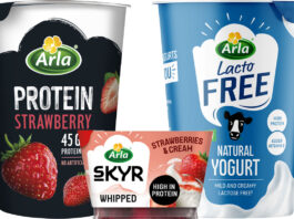 Pack shots of Arla Protein Strawberry Yogurt, Arla Skyr Whipped Strawberry Yogurt and Arla Lacto Free Natural Yogurt.