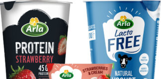 Pack shots of Arla Protein Strawberry Yogurt, Arla Skyr Whipped Strawberry Yogurt and Arla Lacto Free Natural Yogurt.