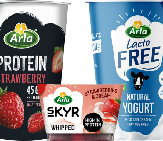 Arla Foods unveils trio of yogurt launches Pack shots of Arla Protein Strawberry Yogurt, Arla Skyr Whipped Strawberry Yogurt and Arla Lacto Free Natural Yogurt.