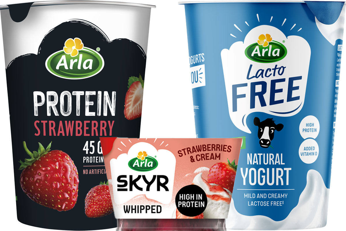 Pack shots of Arla Protein Strawberry Yogurt, Arla Skyr Whipped Strawberry Yogurt and Arla Lacto Free Natural Yogurt.