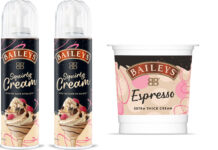 Pack shots of Baileys Squirty Cream and Baileys Espresso Extra Thick Cream.