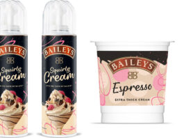 Pack shots of Baileys Squirty Cream and Baileys Espresso Extra Thick Cream.