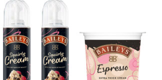 Pack shots of Baileys Squirty Cream and Baileys Espresso Extra Thick Cream.