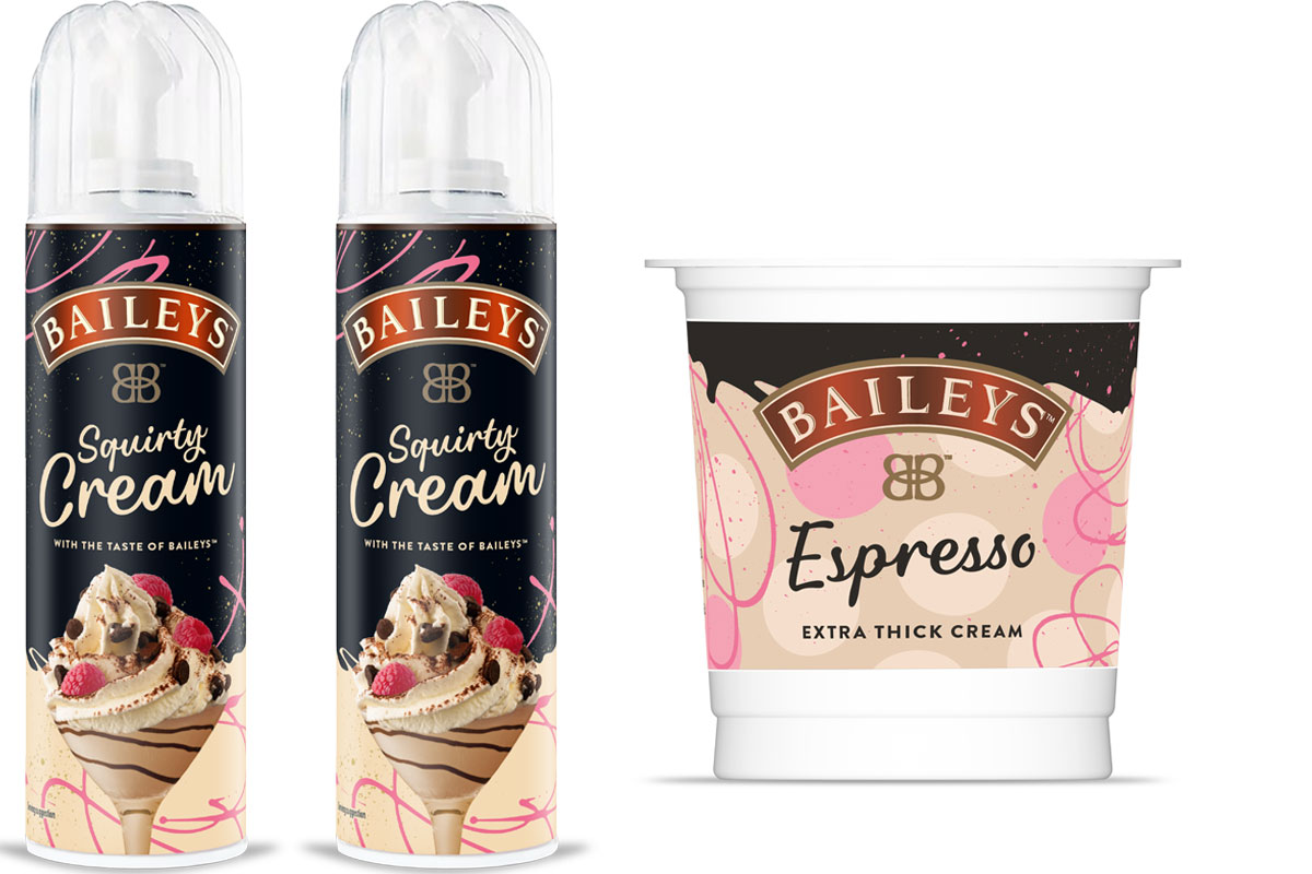 Pack shots of Baileys Squirty Cream and Baileys Espresso Extra Thick Cream.