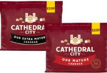 Pack shots of Cathedral City £2.59 PMPs including Our Mature Cheddar and Our Extra Mature Cheddar variants.