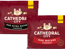 Pack shots of Cathedral City £2.59 PMPs including Our Mature Cheddar and Our Extra Mature Cheddar variants.