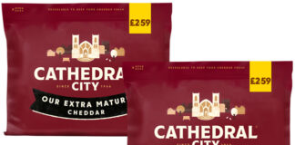 Pack shots of Cathedral City £2.59 PMPs including Our Mature Cheddar and Our Extra Mature Cheddar variants.