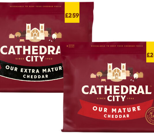 Cathedral City relaunches PMP format Pack shots of Cathedral City £2.59 PMPs including Our Mature Cheddar and Our Extra Mature Cheddar variants.