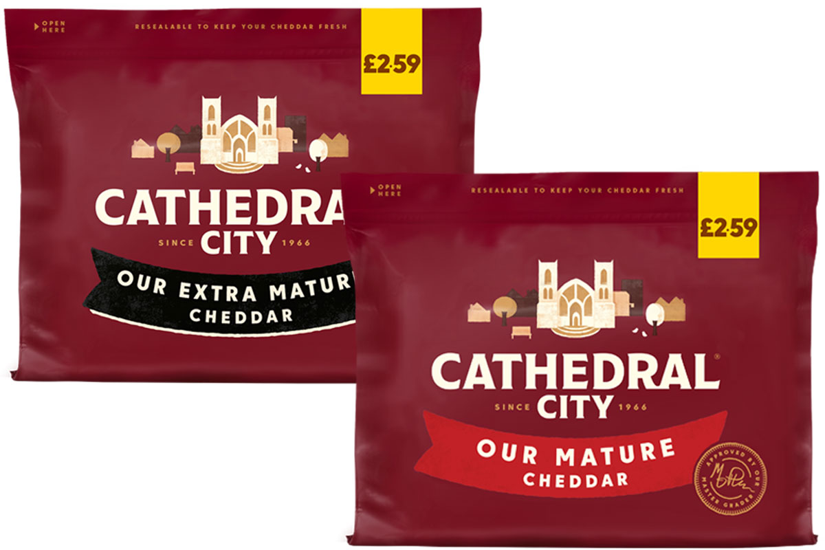 Pack shots of Cathedral City £2.59 PMPs including Our Mature Cheddar and Our Extra Mature Cheddar variants.