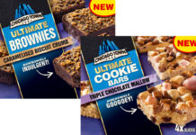 Pack shots of Chicago Town Ultimate Brownies Caramelised Biscuit Crumb and Ultimate Cookie Bars Triple Chocolate Mallow.