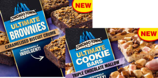 Pack shots of Chicago Town Ultimate Brownies Caramelised Biscuit Crumb and Ultimate Cookie Bars Triple Chocolate Mallow.