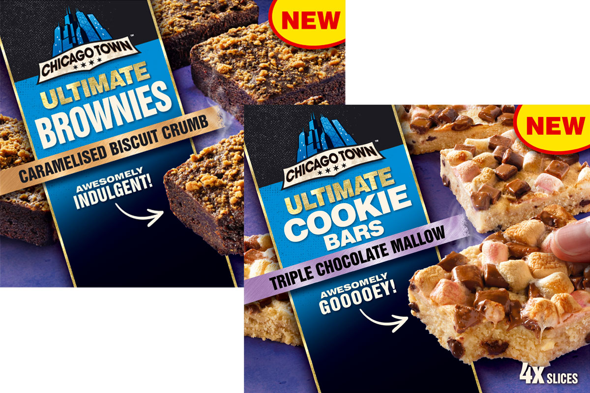 Pack shots of Chicago Town Ultimate Brownies Caramelised Biscuit Crumb and Ultimate Cookie Bars Triple Chocolate Mallow.