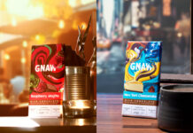 LIfestyle images of GNAW chocolate bars featuring them in two different locations, with the Raspberry Mojito bar in a bar scene and New York Cheesecake bar in a coffee bar in New York.