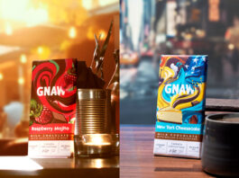 Gnaw on chocolate this Christmas LIfestyle images of GNAW chocolate bars featuring them in two different locations, with the Raspberry Mojito bar in a bar scene and New York Cheesecake bar in a coffee bar in New York.