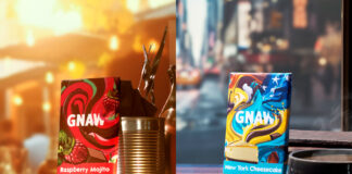 LIfestyle images of GNAW chocolate bars featuring them in two different locations, with the Raspberry Mojito bar in a bar scene and New York Cheesecake bar in a coffee bar in New York.