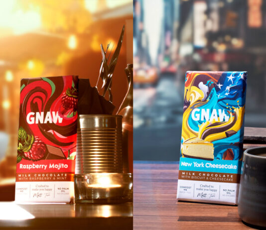 Gnaw on chocolate this Christmas LIfestyle images of GNAW chocolate bars featuring them in two different locations, with the Raspberry Mojito bar in a bar scene and New York Cheesecake bar in a coffee bar in New York.