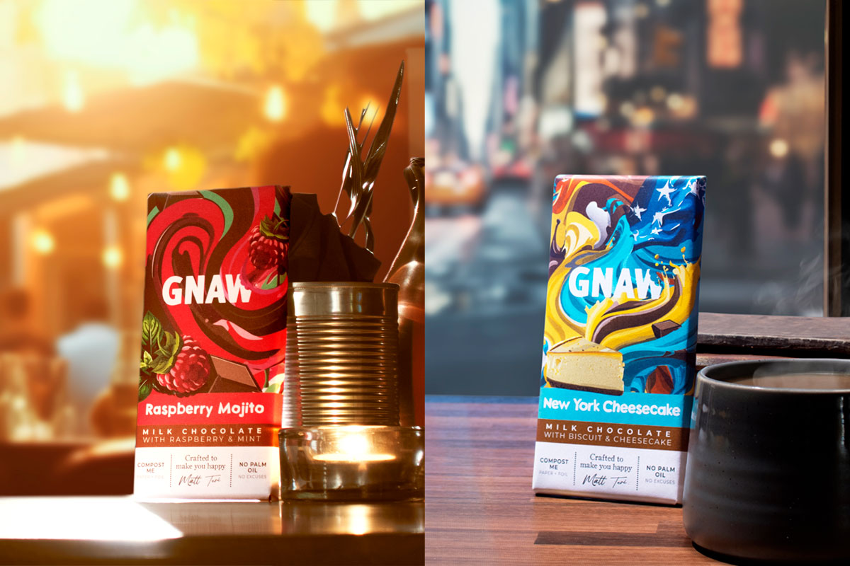 LIfestyle images of GNAW chocolate bars featuring them in two different locations, with the Raspberry Mojito bar in a bar scene and New York Cheesecake bar in a coffee bar in New York.